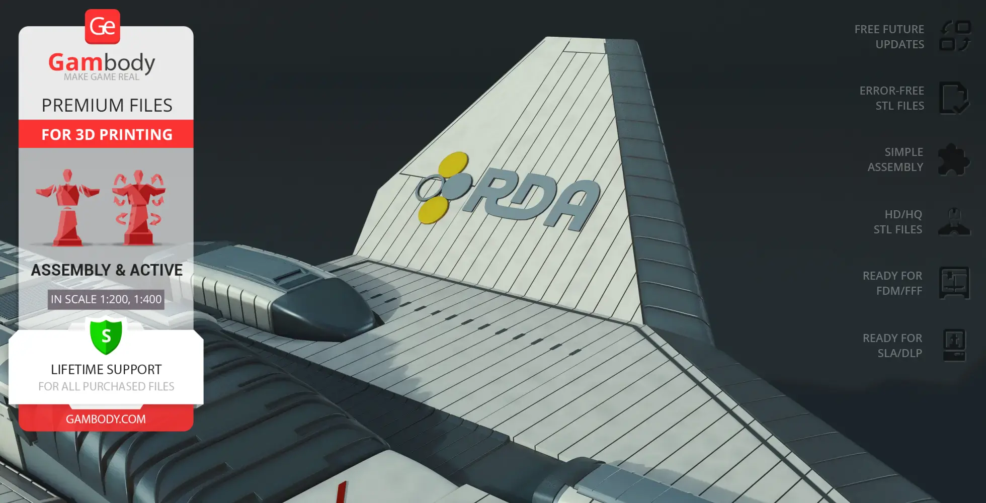 Valkyrie Shuttle 3D model with 'RDA' logo on tail fin, ready for 3D printing.