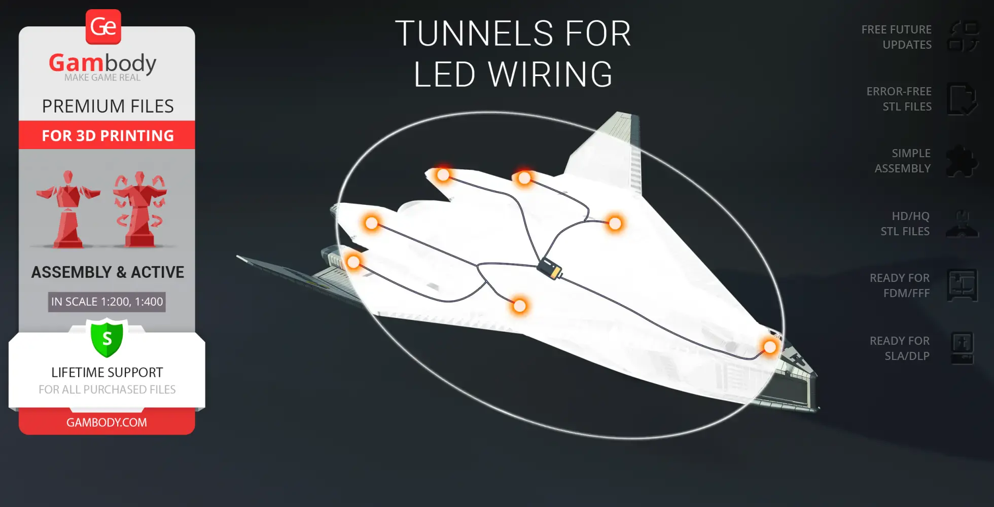 3D model of TAV-37 Valkyrie Shuttle with LED wiring pathways highlighted, displayed on Gambody interface.