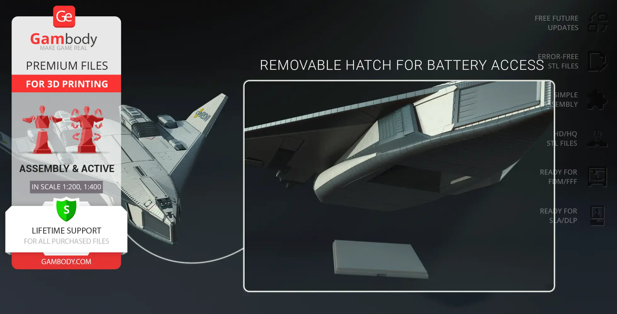 3D model of TAV-37 Valkyrie Shuttle with a removable hatch shown for battery access.