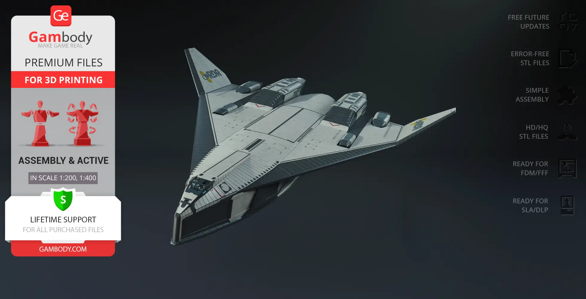 Futuristic delta-wing spaceship model with detailed surface and engine compartments. For 3D printing.