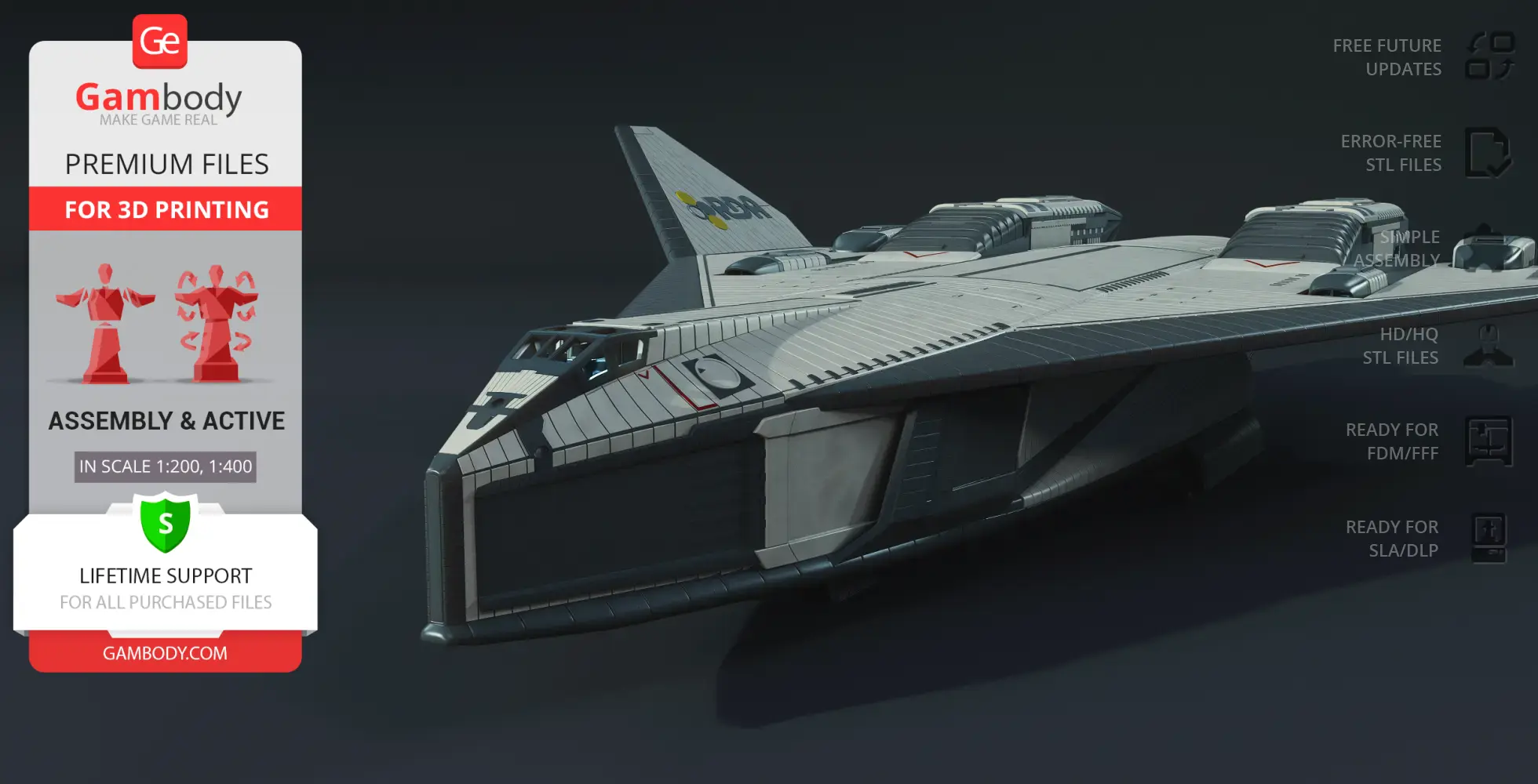 Sleek, futuristic TAV-37 Valkyrie shuttle model for 3D printing, featuring detailed textures.