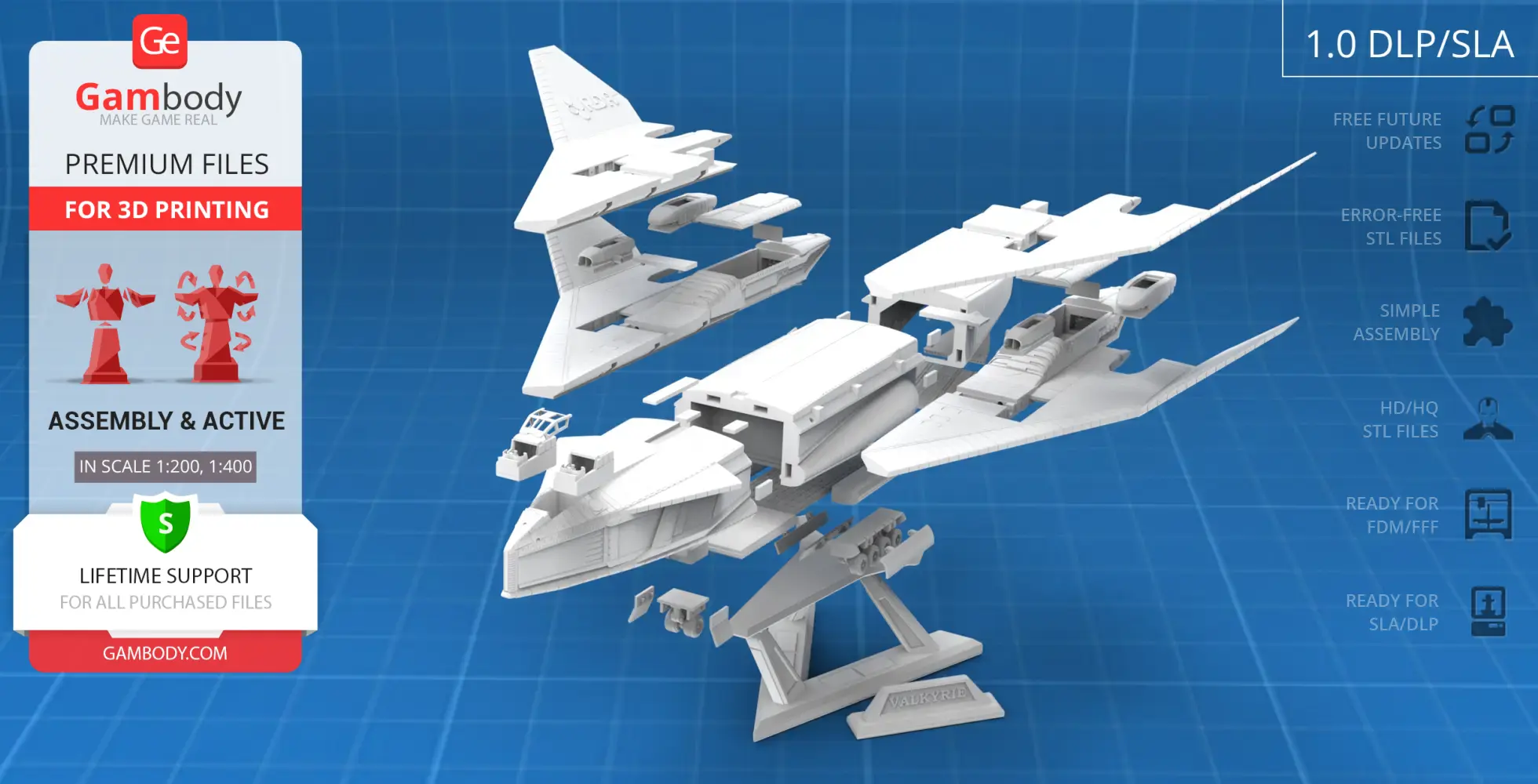 Futuristic shuttle model with assembly instructions for 3D printing.