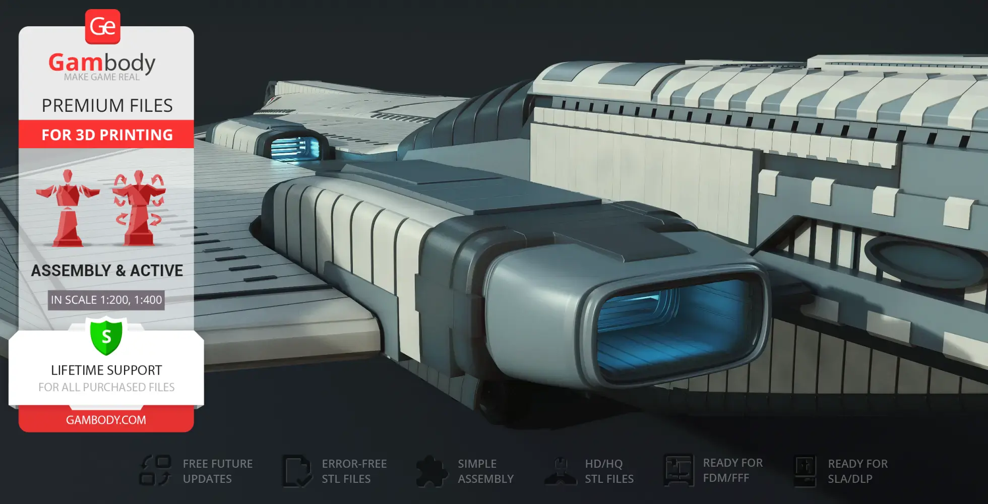 Futuristic sci-fi shuttle model with detailed surface and engine, designed for 3D printing.
