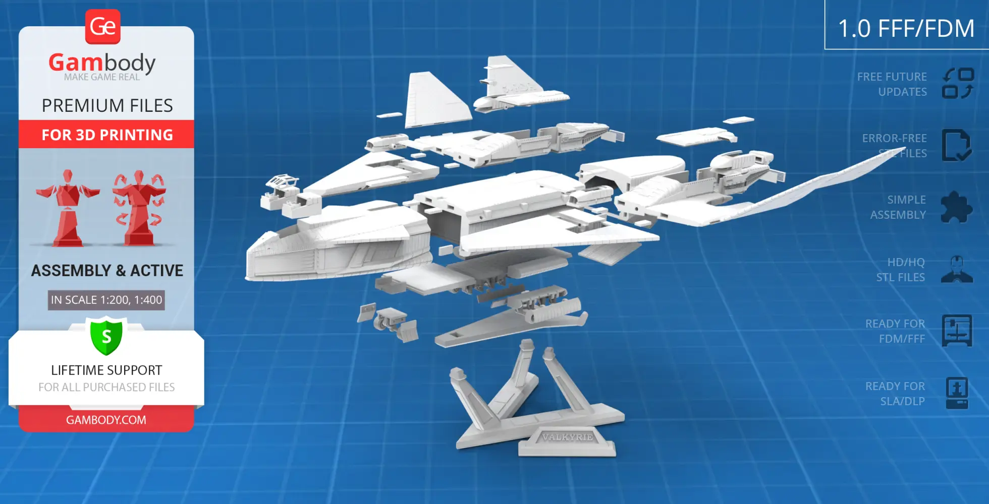 Exploded view of TAV-37 Valkyrie Shuttle 3D model parts on a grid background.