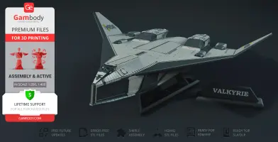 Futuristic TAV-37 Valkyrie shuttle model with sharp angles and sleek design on a display stand.