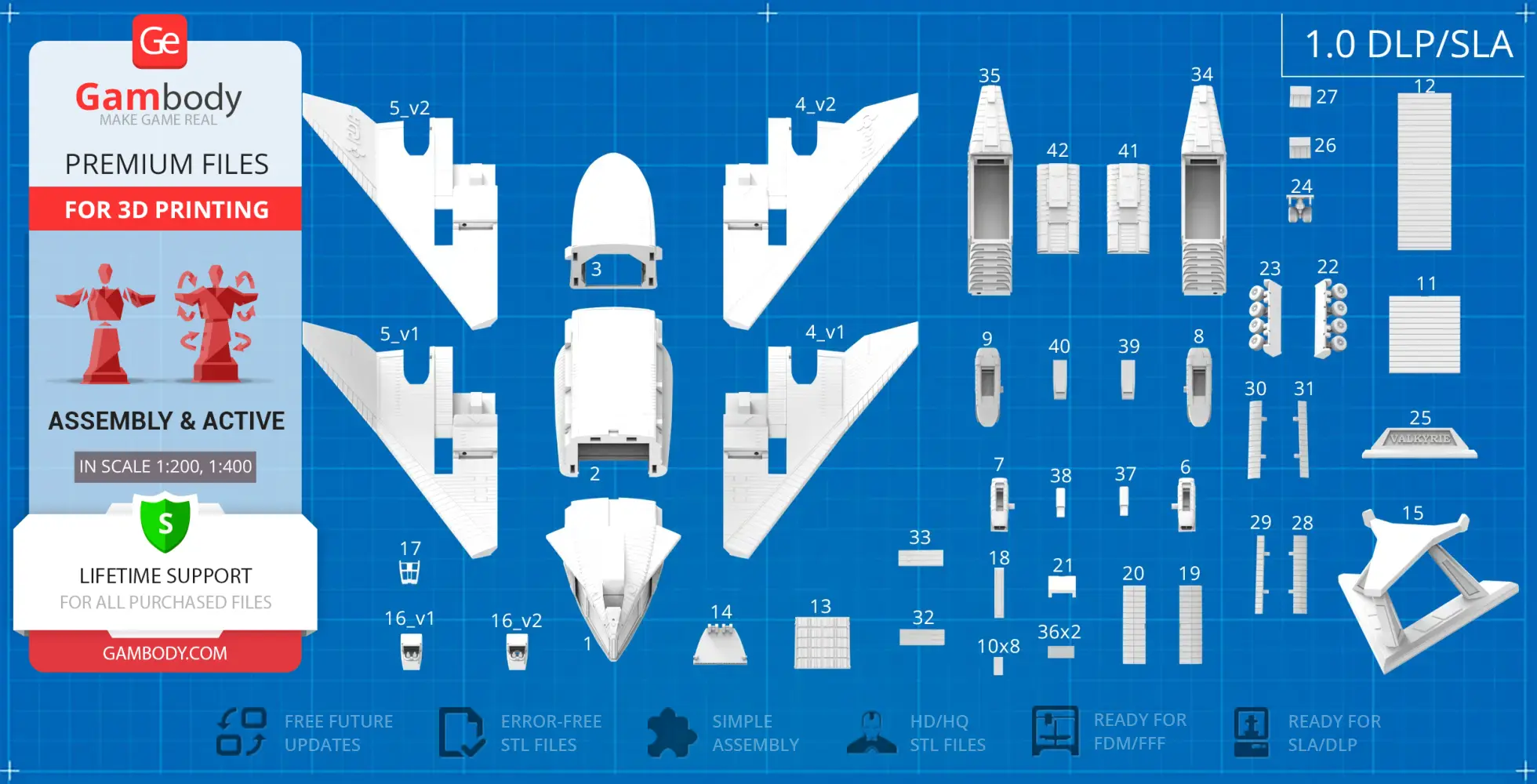 3D assembly blueprint of TAV-37 Valkyrie Shuttle parts for printing, displayed on a blue grid background.