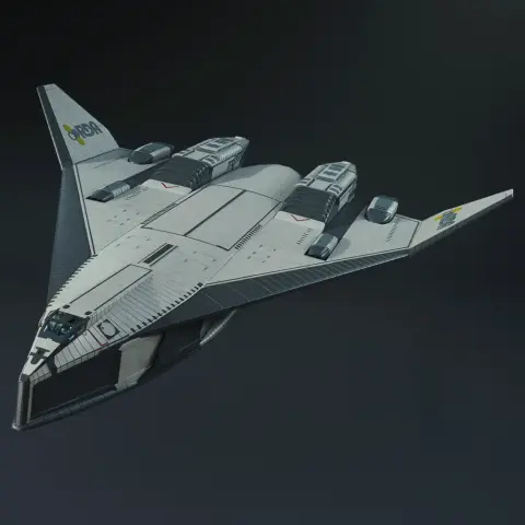 A sleek, futuristic shuttle with a triangular design and dual engines on each wing.