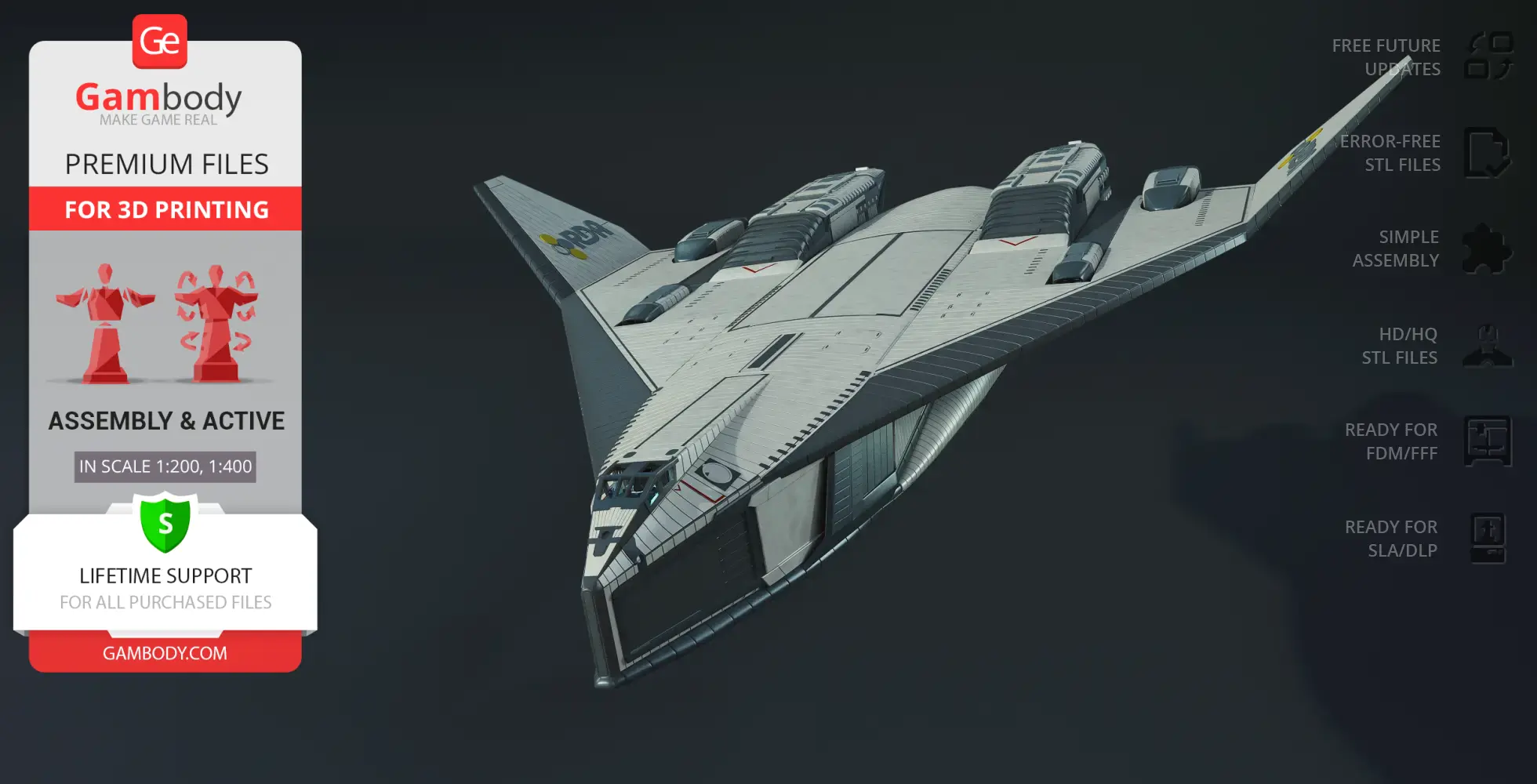 A futuristic, angular spacecraft with a sleek design, featuring large wings and detailed surface textures.