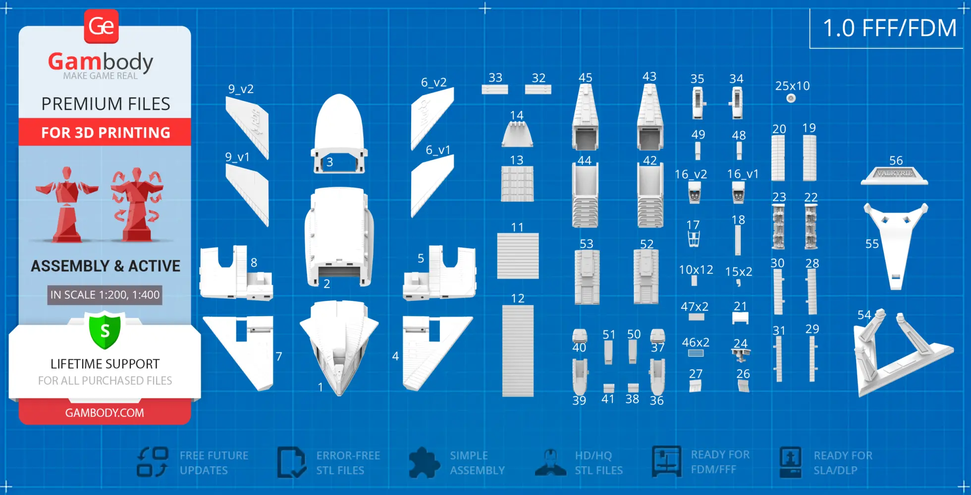 Blueprint layout of TAV-37 Valkyrie Shuttle 3D print parts, labeled for assembly.