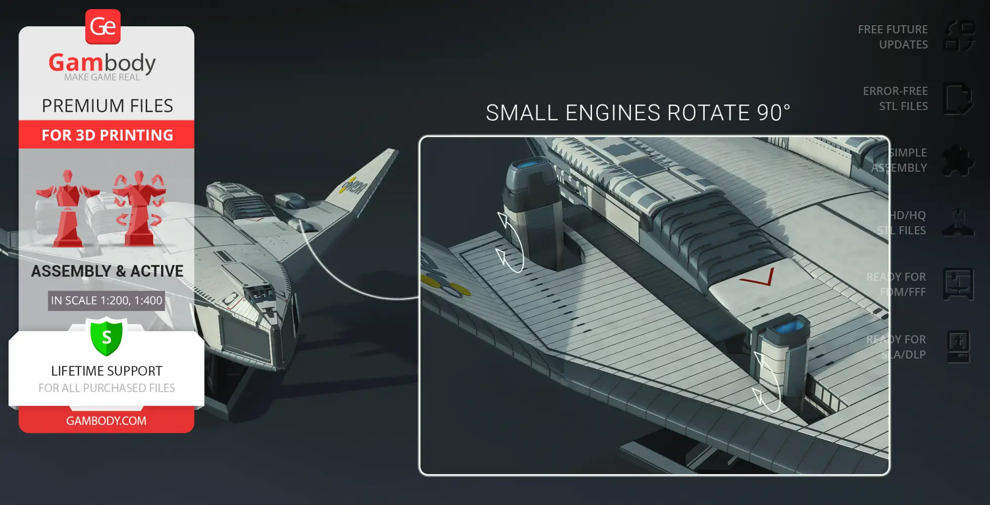 TAV-37 Valkyrie Shuttle model with detailed rotating engines for 3D printing, shown in assembly and scale options.