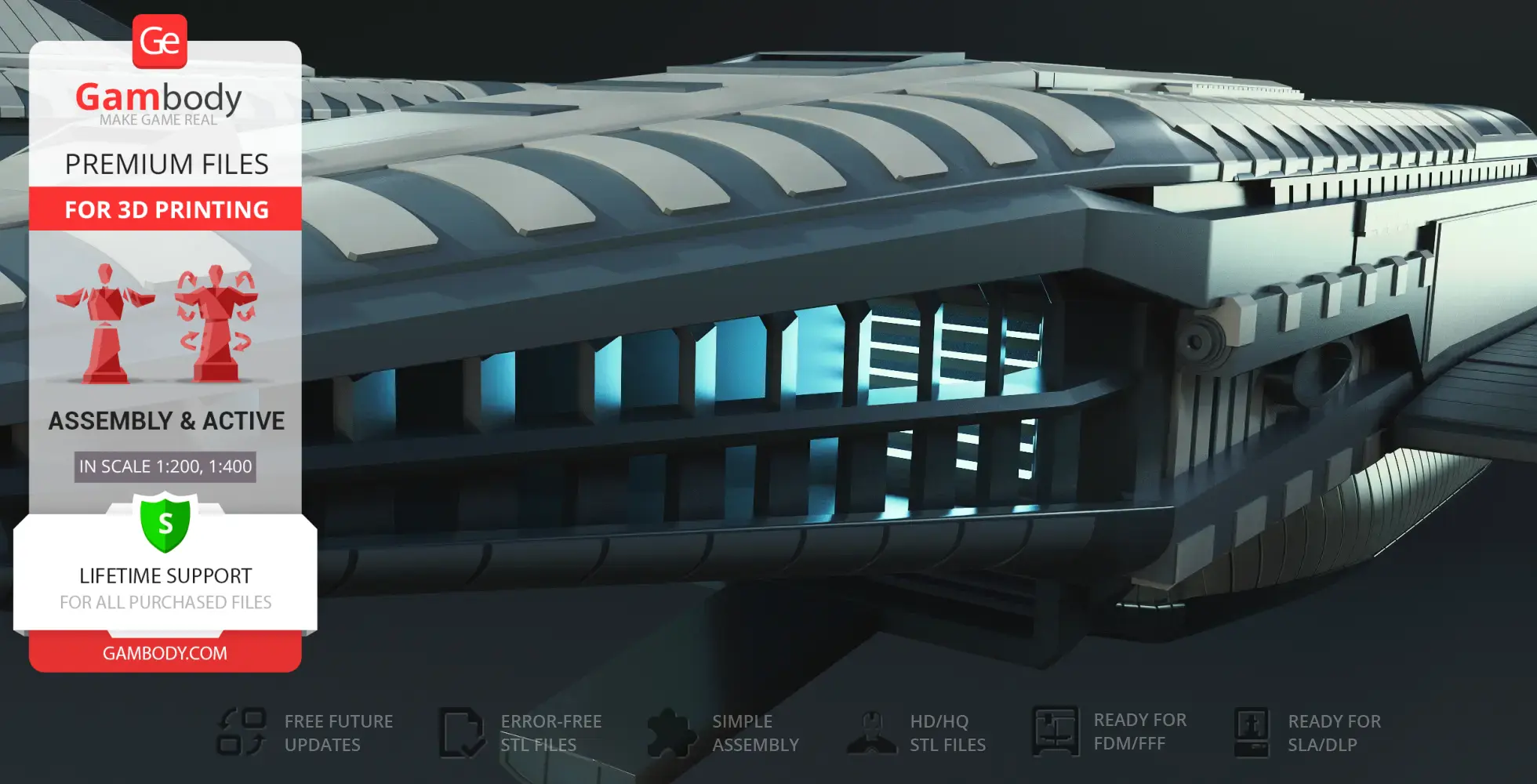Futuristic spacecraft model with geometric design, ready for 3D printing in various scales.