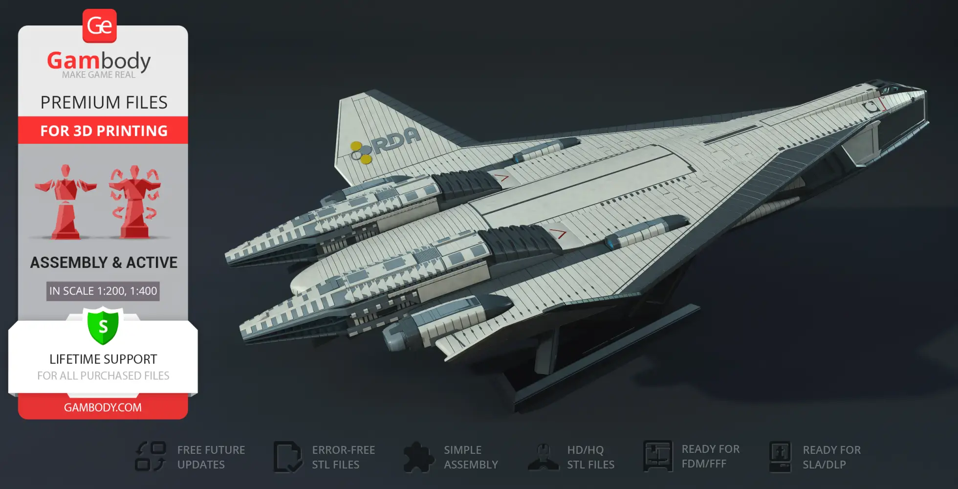 A detailed 3D model of a futuristic TAV-37 Valkyrie Shuttle, ready for 3D printing with assembly support.