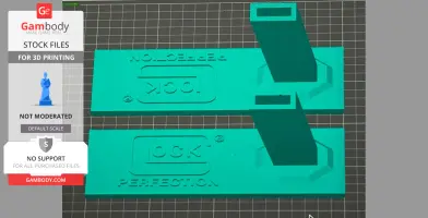 Two green Glock pistol display stands for 3D printing, labeled 'Glock' and 'Perfection.'