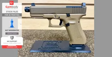 A Glock pistol displayed on a 3D printed black stand, with clear engravings on the base.