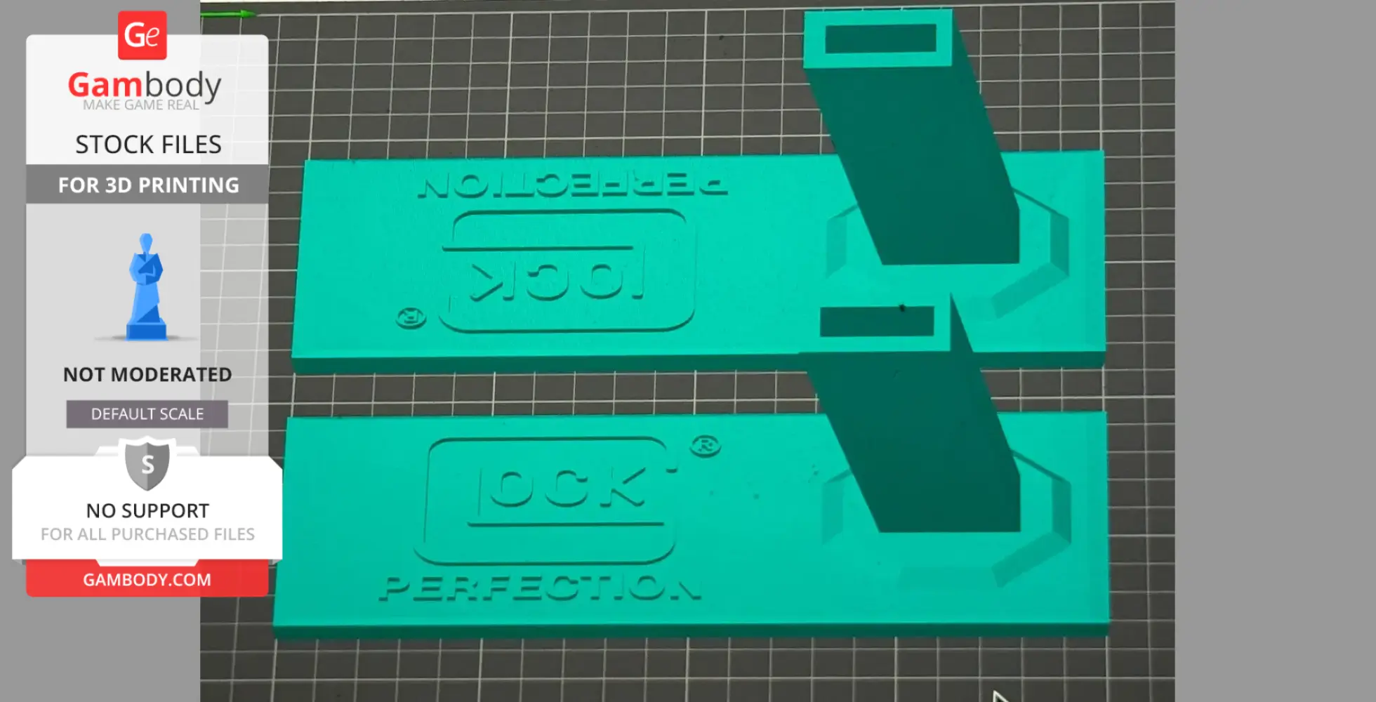 Two green Glock pistol display stands for 3D printing, labeled 'Glock' and 'Perfection.'