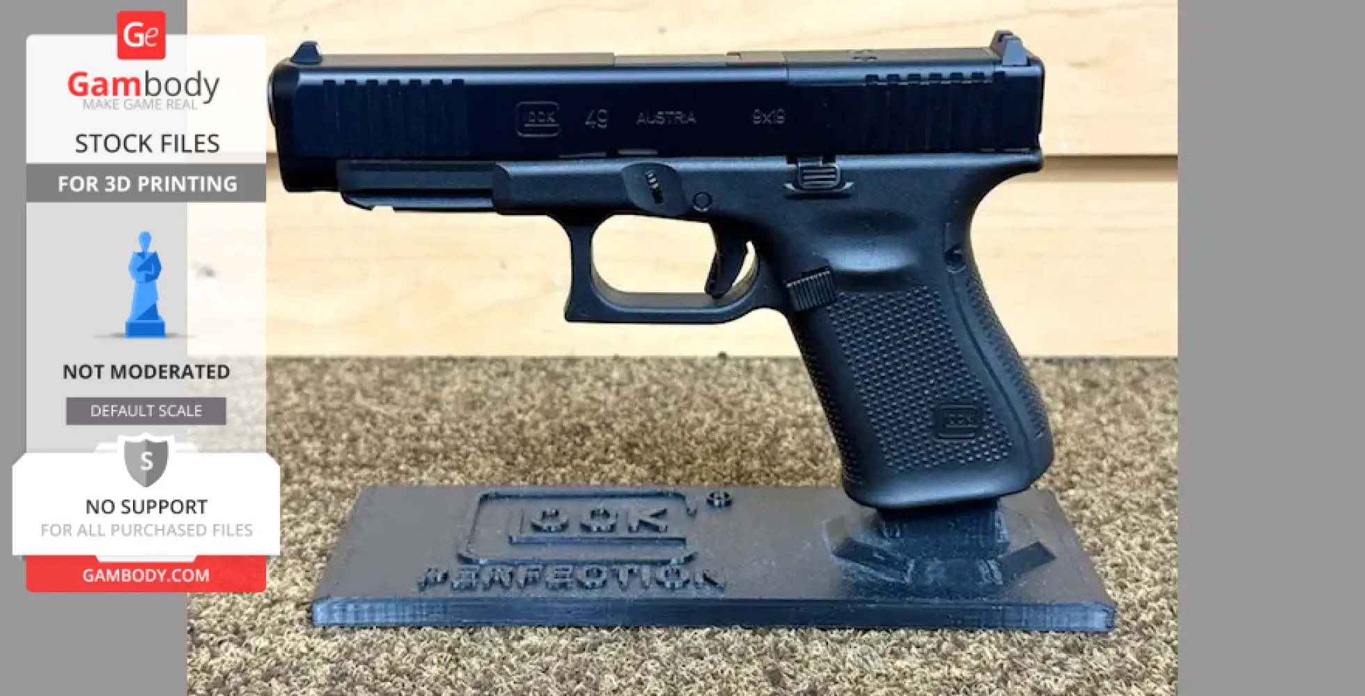 A Glock pistol displayed on a textured stand, designed for 3D printing, with brand details visible.