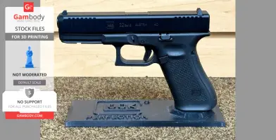 3D printed display stand for a Glock pistol, showcasing side profile, on a textured surface.