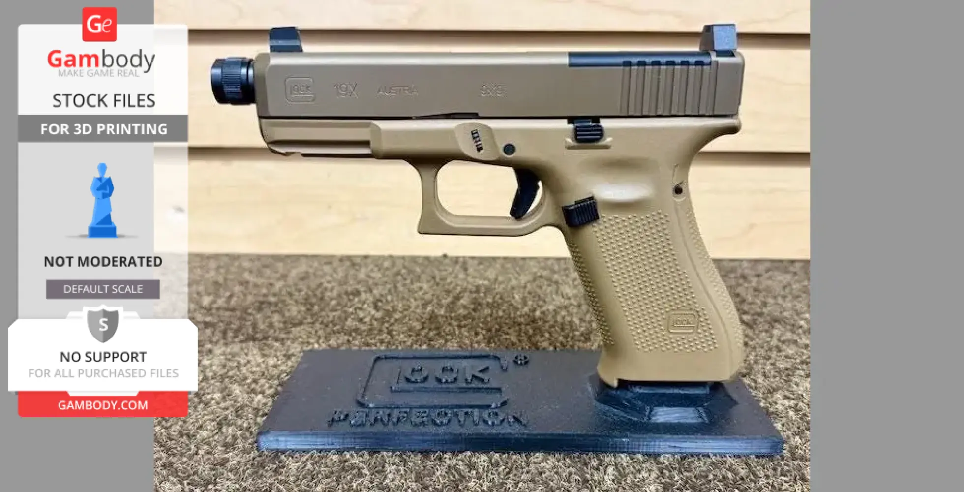 A Glock pistol displayed on a 3D printed black stand, with clear engravings on the base.