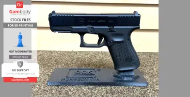A 3D-printed Glock pistol display stand with the pistol mounted on it, showcased on textured fabric.