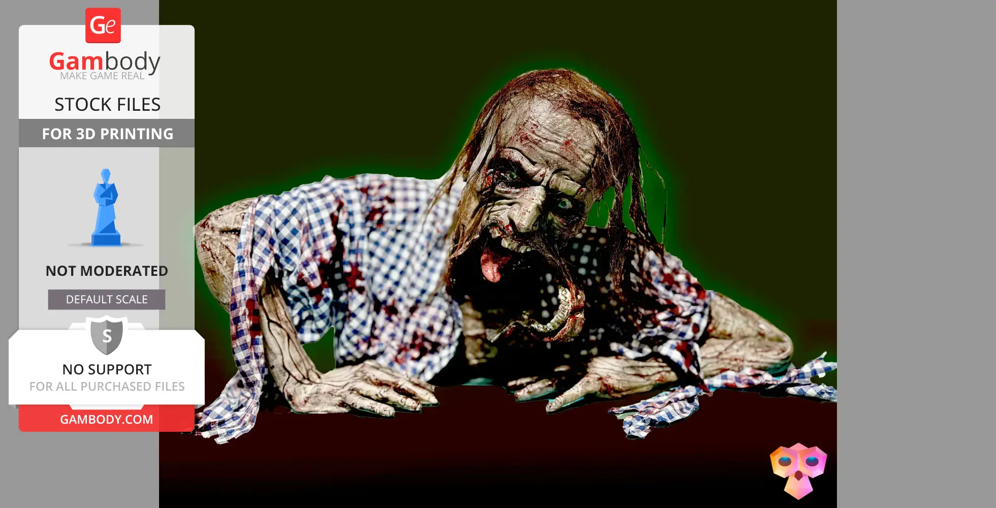 Creepy life-size zombie 3D model with torn clothes, exposed teeth, and menacing expression.