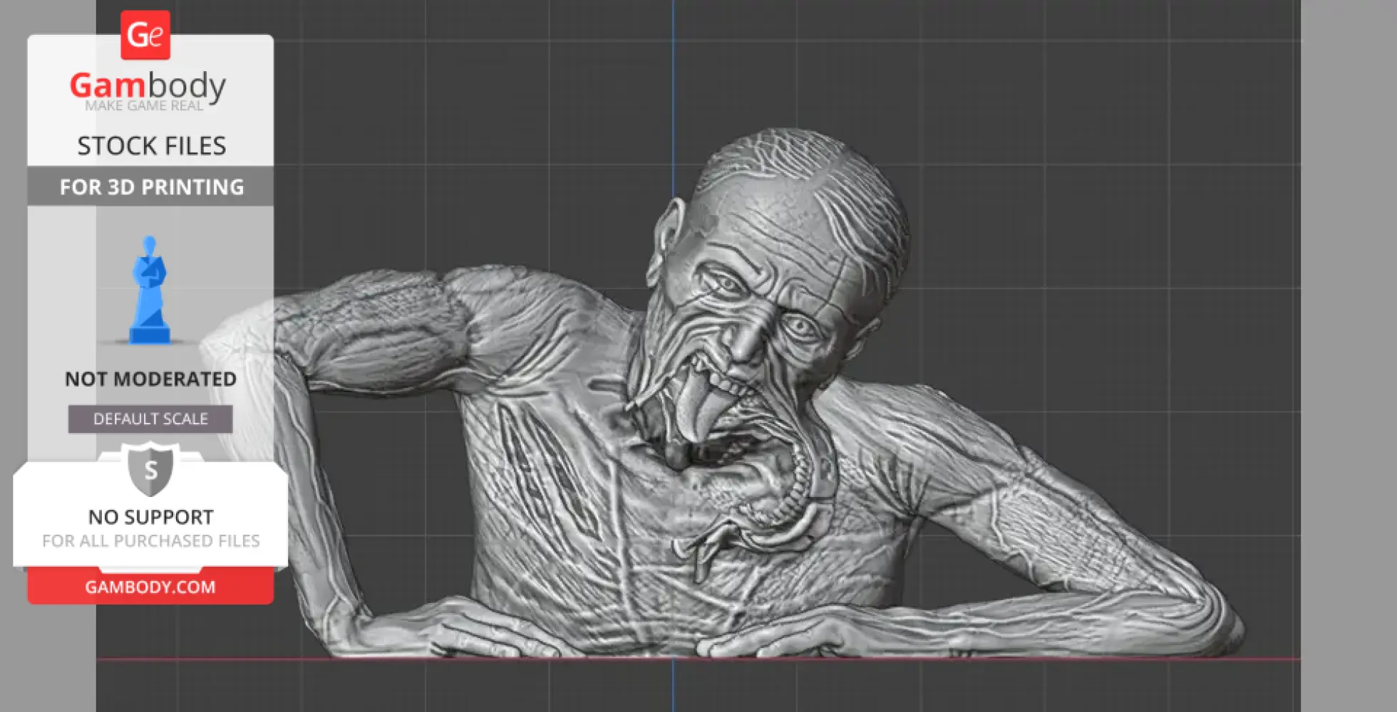 A detailed 3D model of a life-sized zombie with an open mouth and visible internal textures.