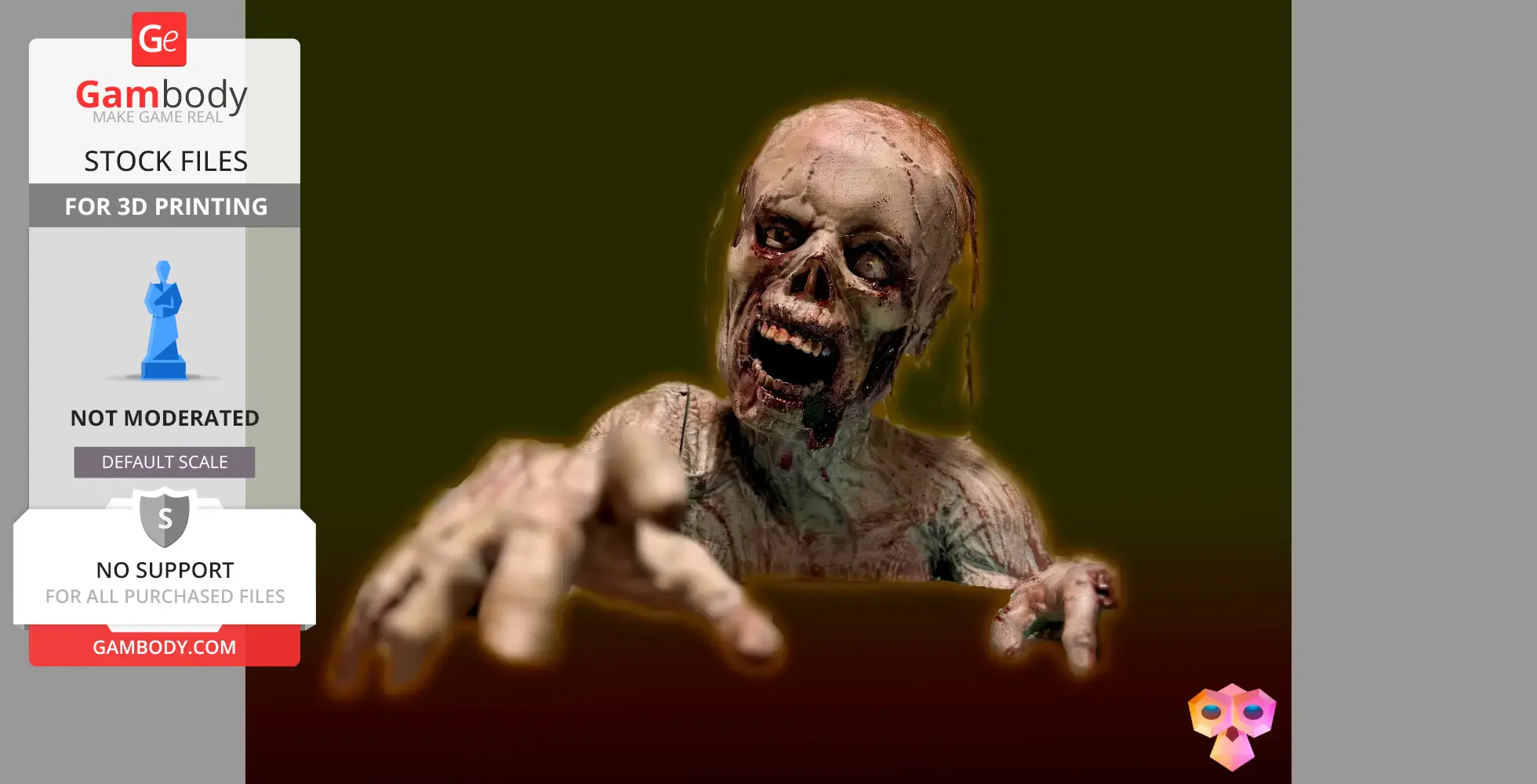 A detailed 3D model of a crawling zombie with an outstretched hand and menacing expression.