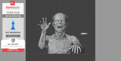 A life-size zombie bust, with detailed musculature, raises one arm and has an open mouth, ready for 3D printing.