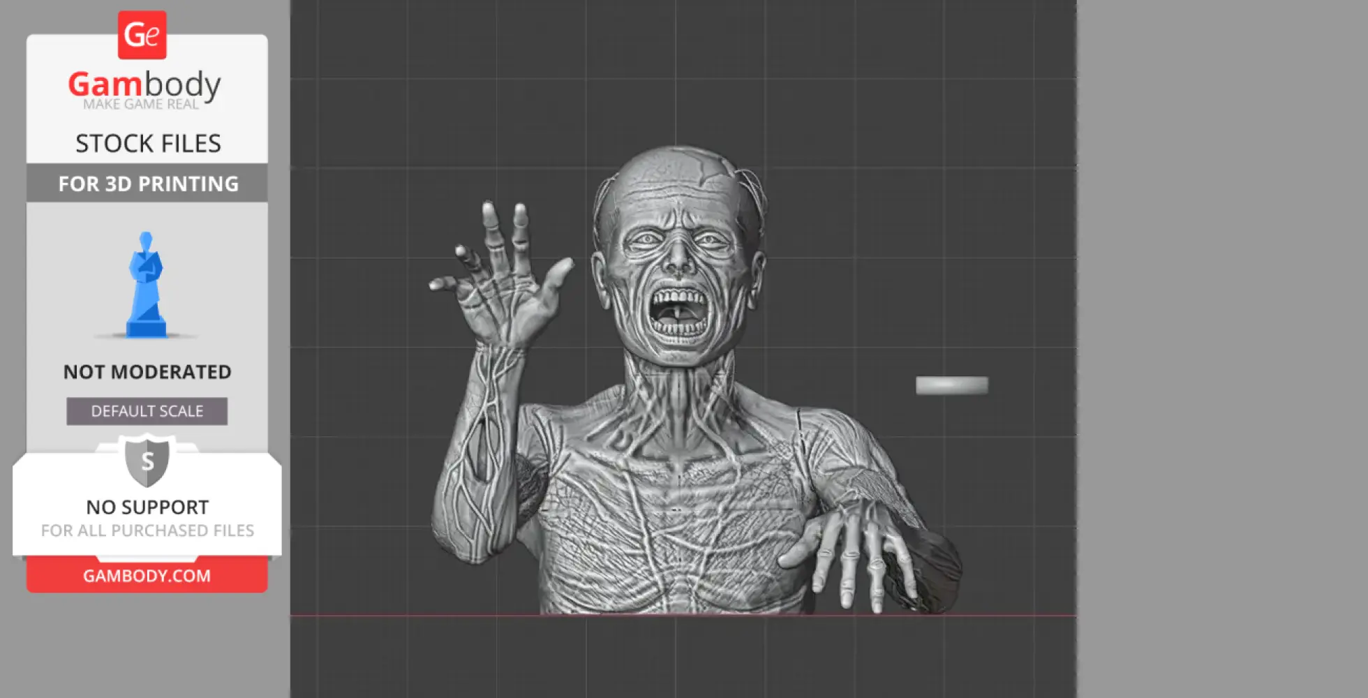 A life-size zombie bust, with detailed musculature, raises one arm and has an open mouth, ready for 3D printing.