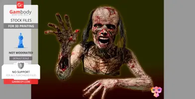 Decaying zombie model with an open mouth and reaching arms, ideal for life-size 3D printing.