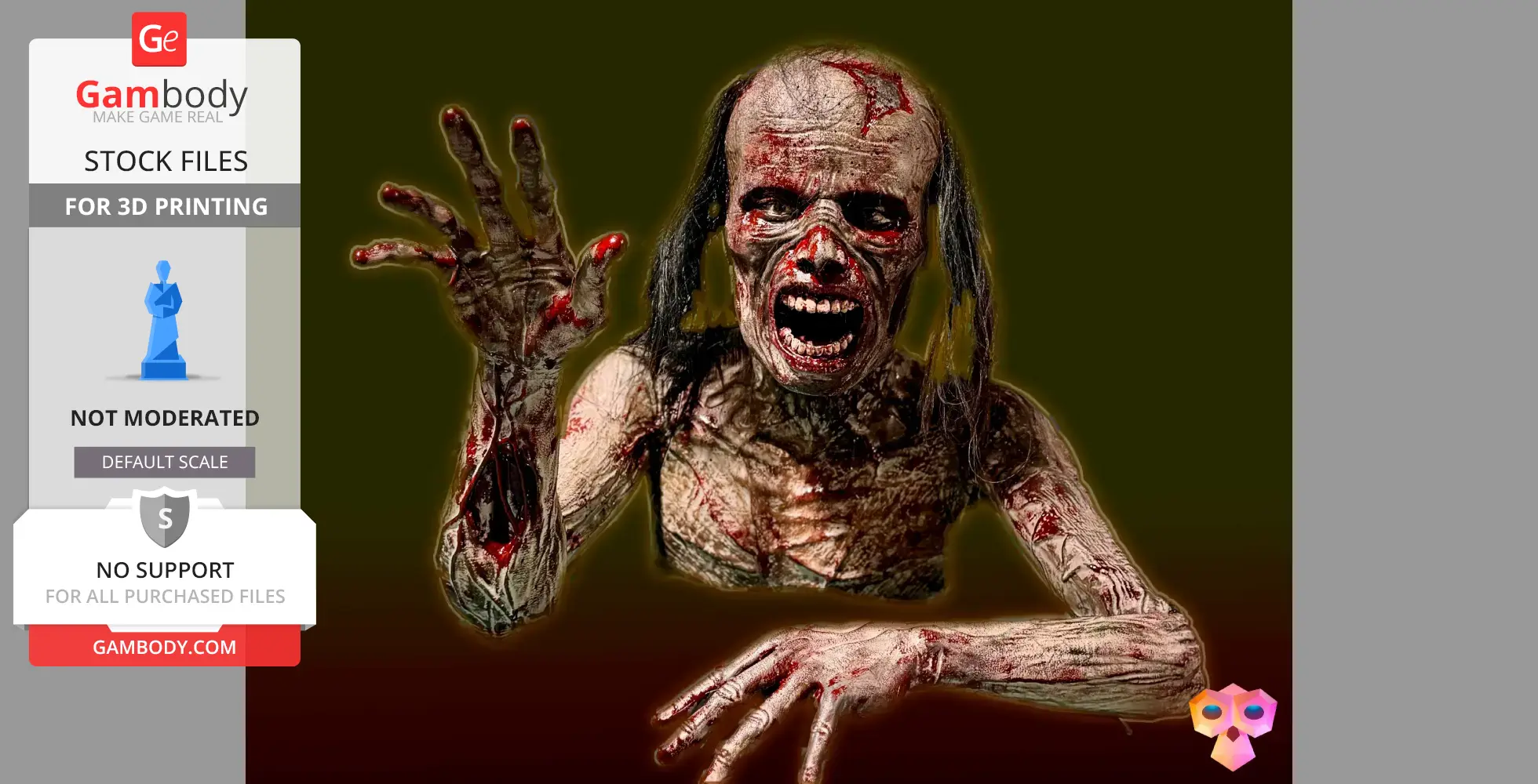 Decaying zombie model with an open mouth and reaching arms, ideal for life-size 3D printing.