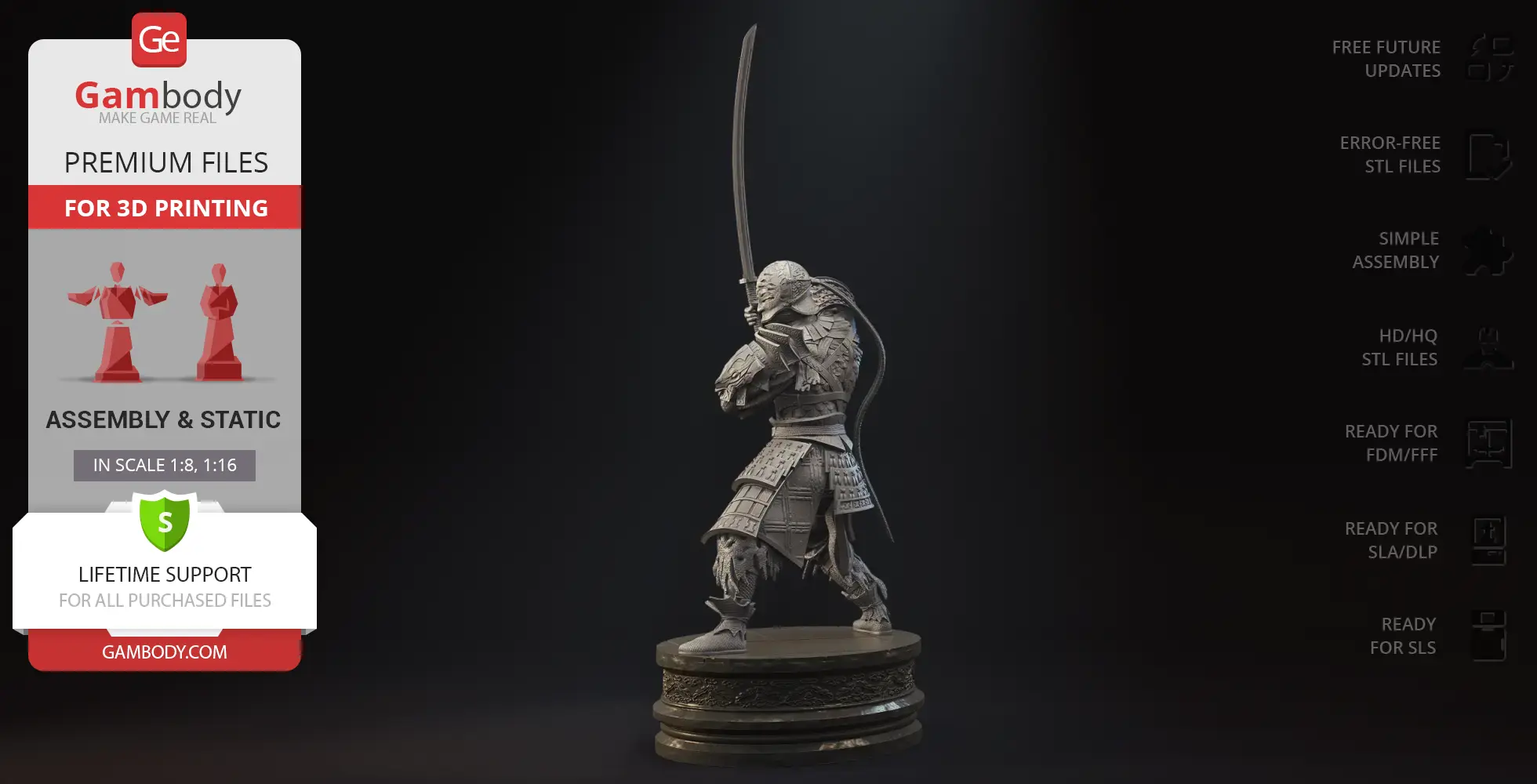 Detailed 3D model of armored warrior, Sir Alonne, wielding a katana, on a decorative base.