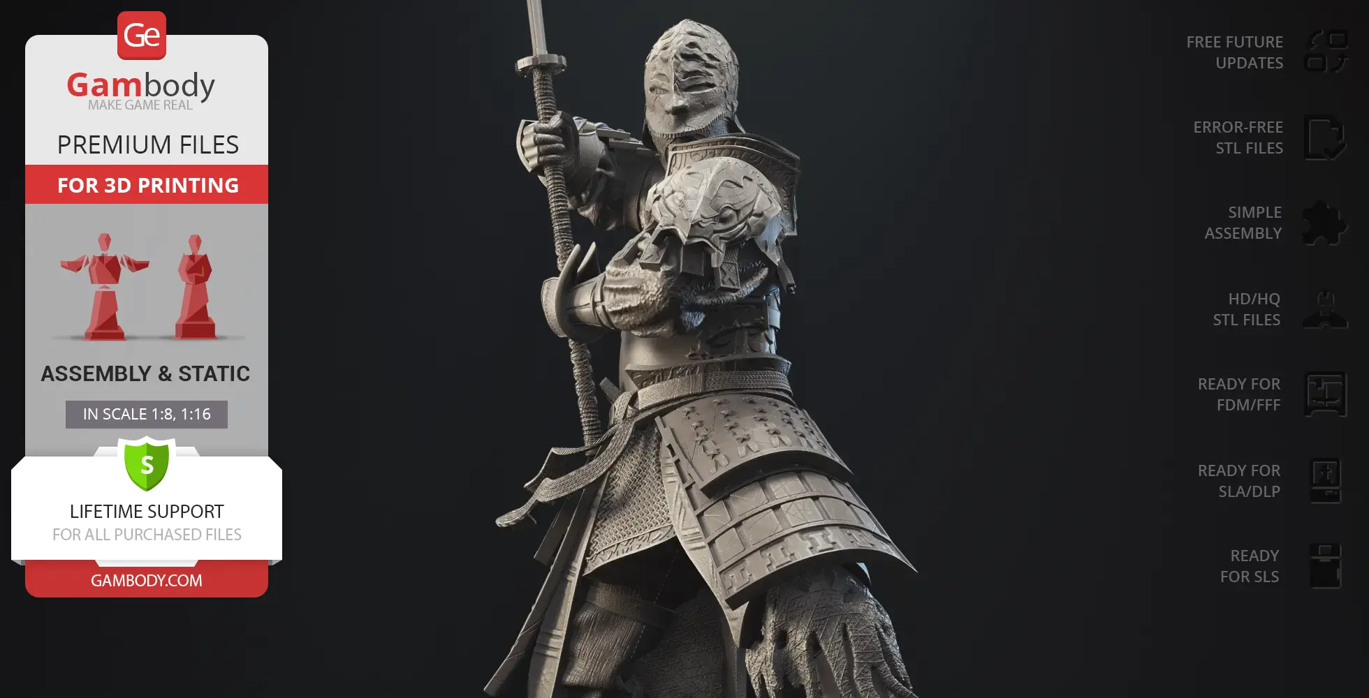 A detailed 3D model of an armored knight holding a sword, designed for 3D printing.