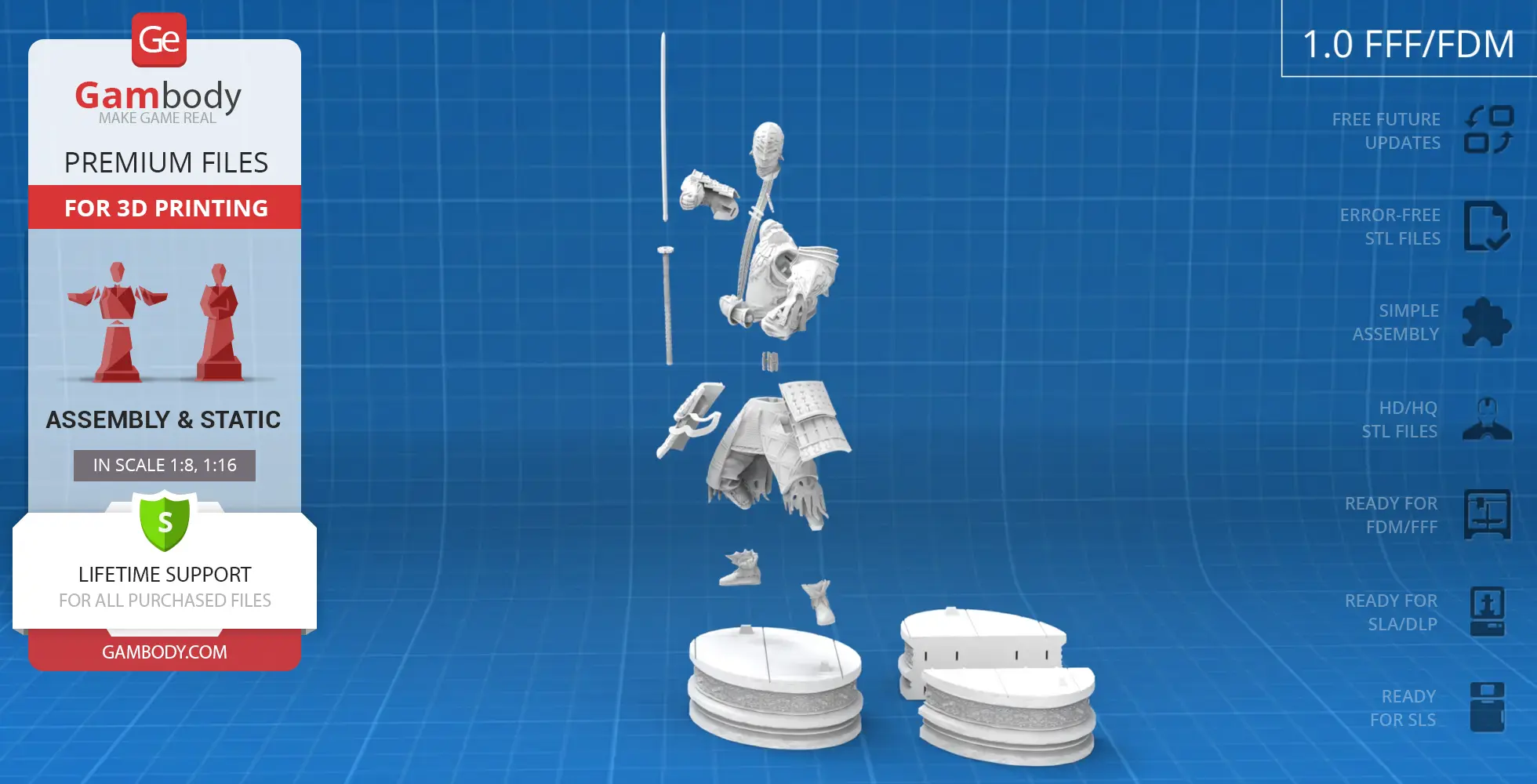 Exploded view of Sir Alonne 3D model parts for printing, with labeled features on blue grid background.