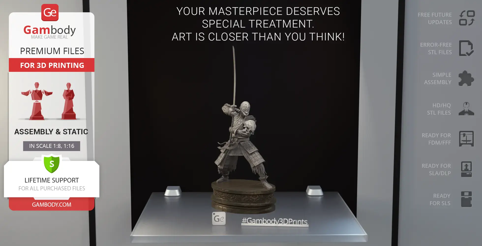 Samurai warrior statue in a dynamic pose, holding a sword, showcased for 3D printing on a display platform.
