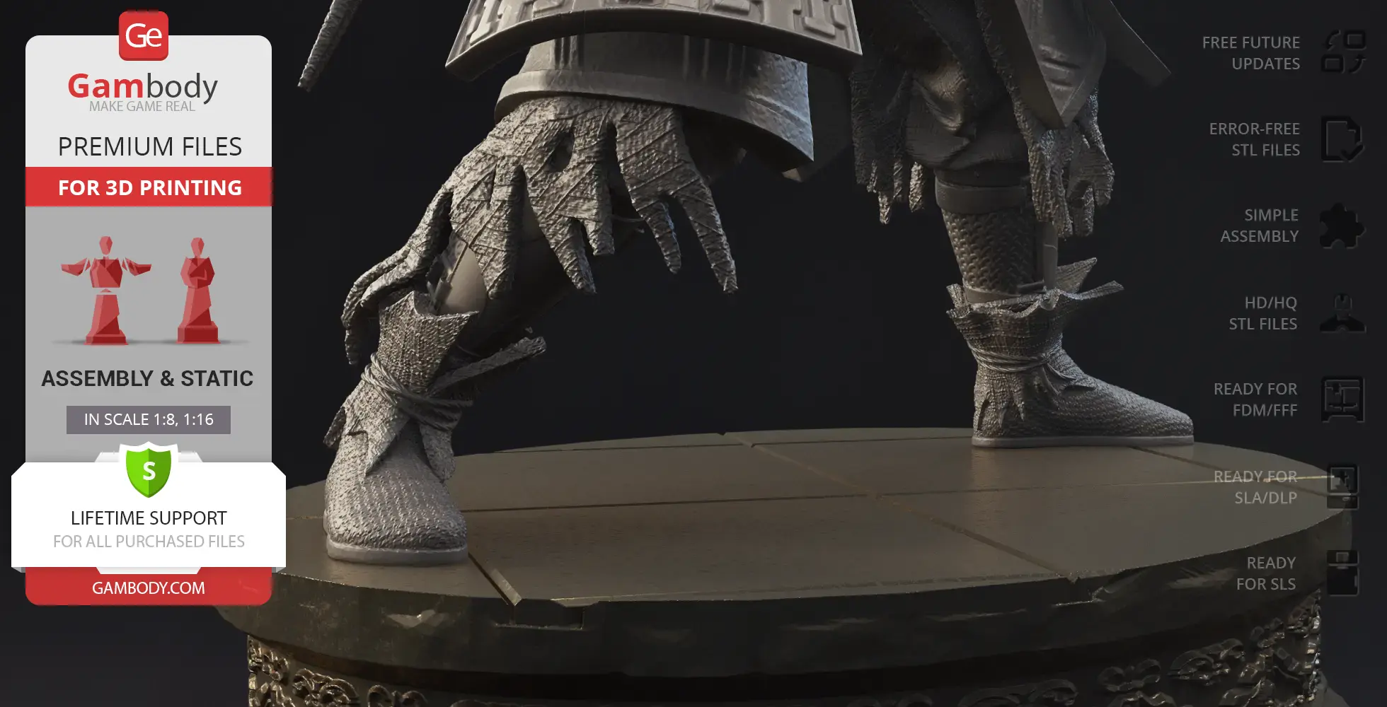 A detailed 3D model of armored legs on a decorative base, designed for 3D printing.