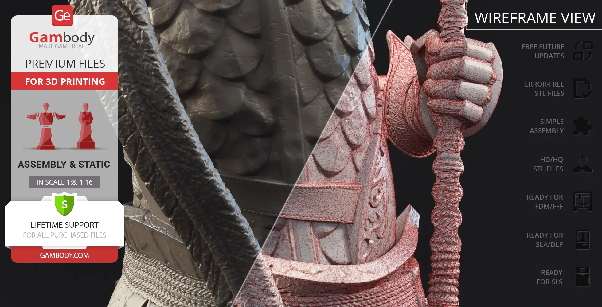Close-up of detailed armor and sword hilt from Sir Alonne 3D model, featuring textured and wireframe views.