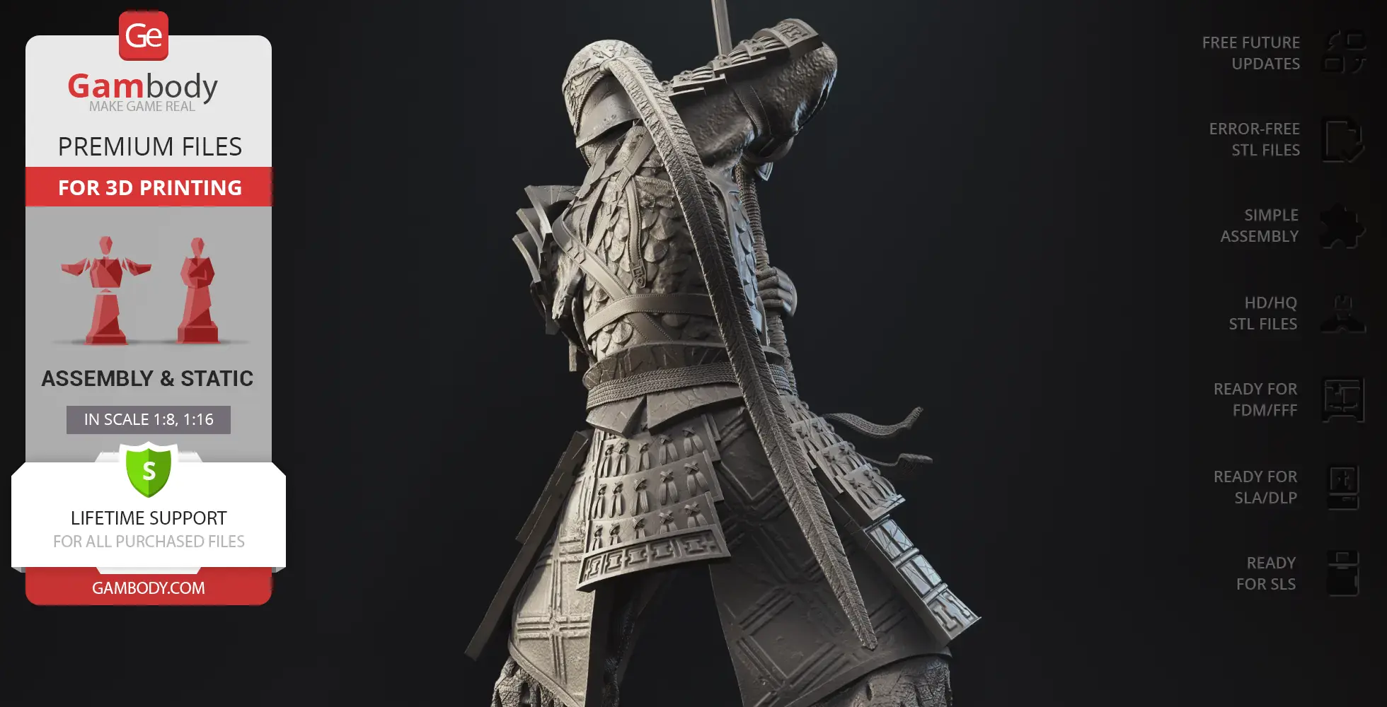 A detailed 3D model of Sir Alonne in samurai armor, ready for 3D printing.