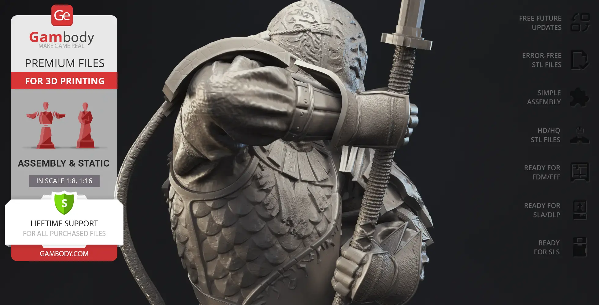 A detailed 3D model of an armored knight holding a sword, designed for 3D printing.