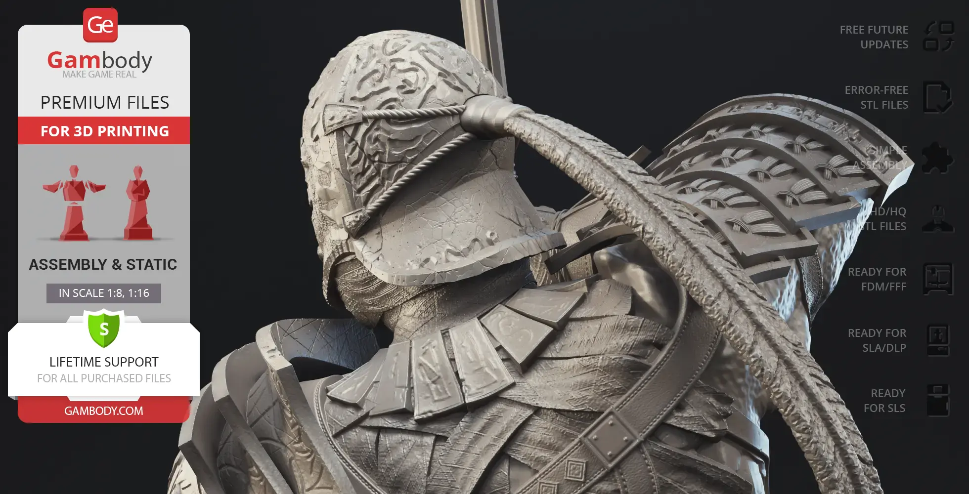 A detailed 3D model of an armored knight with intricate helmet and shoulder armor, ready for 3D printing.