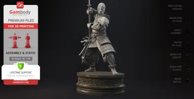 A detailed 3D model of a warrior in armor holding a sword, standing on a decorated pedestal.