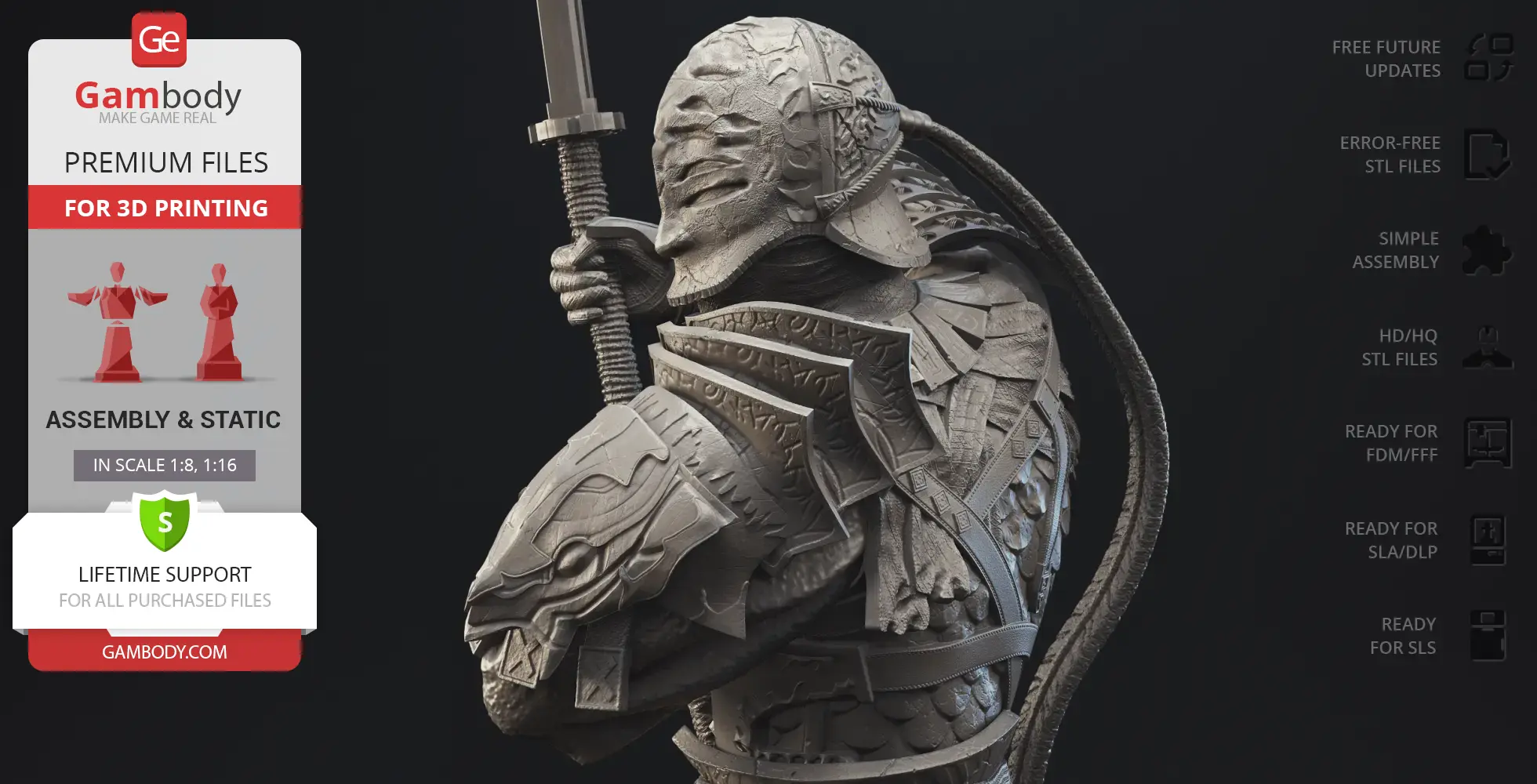 A detailed 3D model of an armored knight holding a sword, prepared for 3D printing.