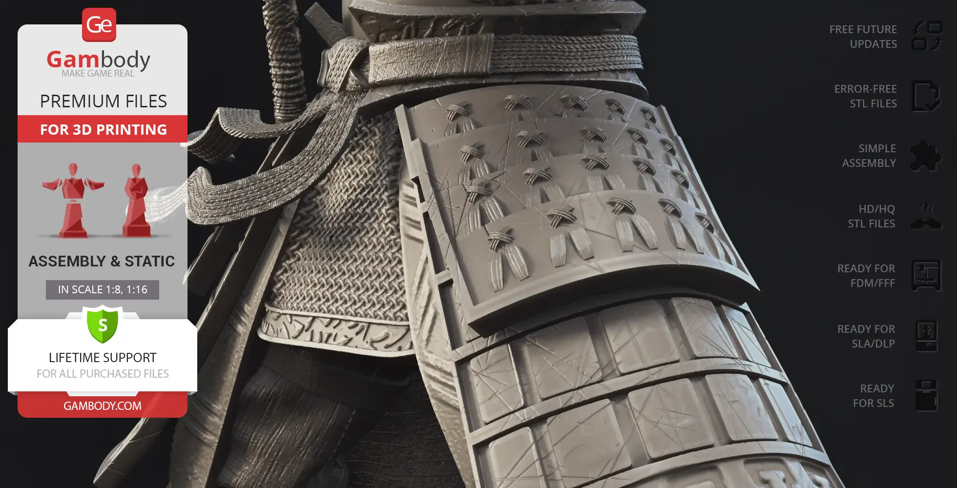 Close-up of detailed samurai armor with intricate patterns and textures on a 3D model.