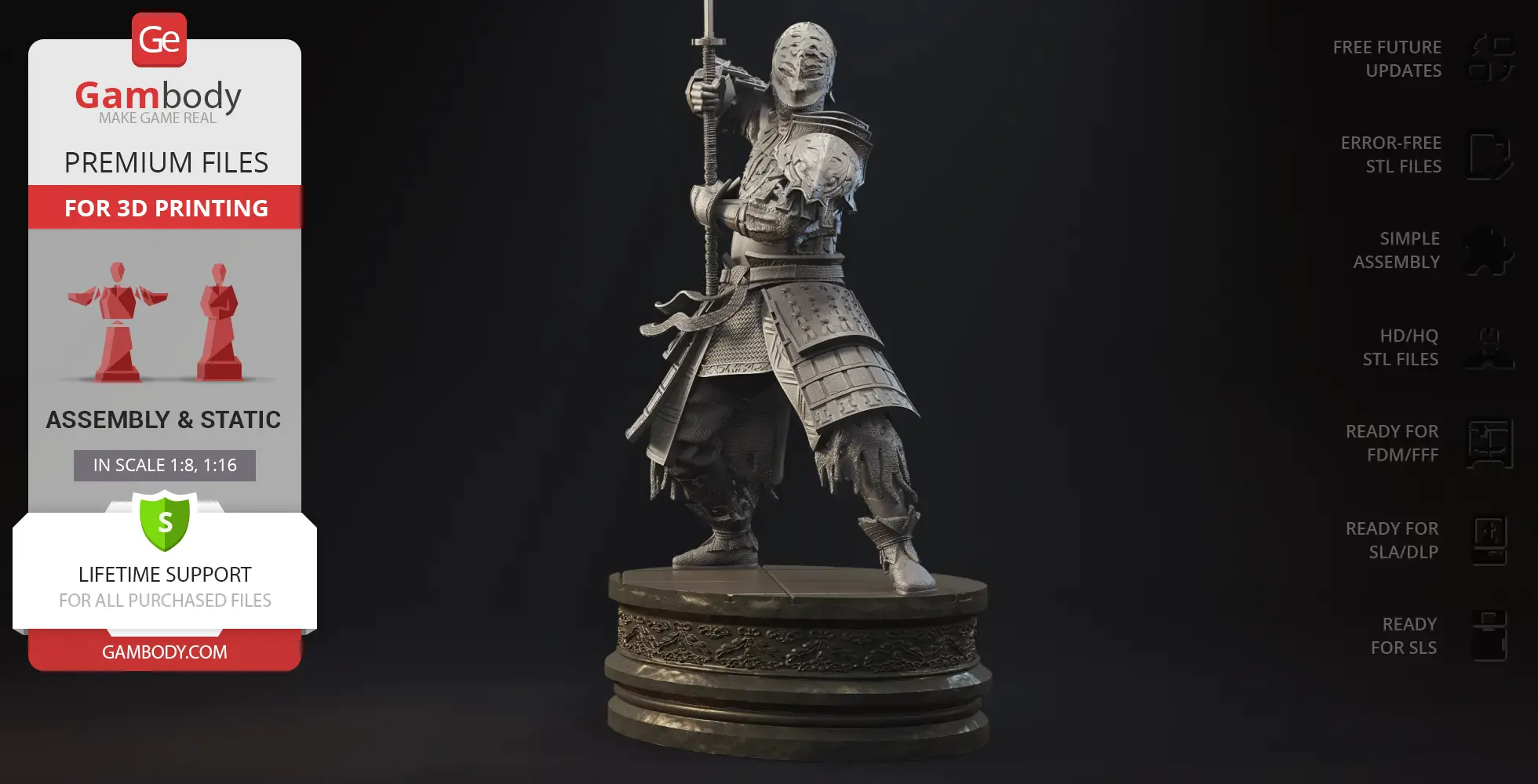 A detailed 3D model of a warrior in armor holding a sword, standing on a decorated pedestal.