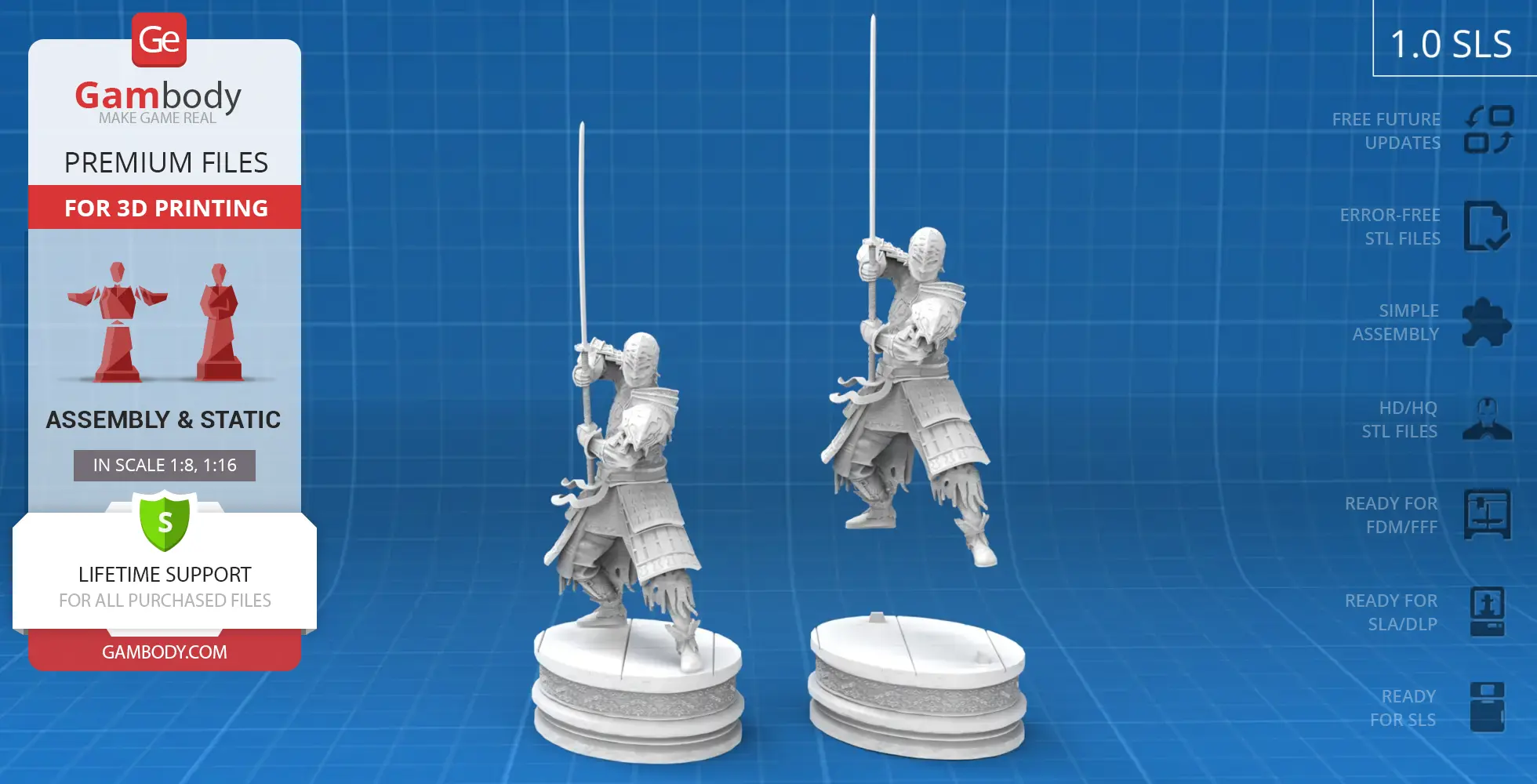 Two detailed knight figurines in armor, holding swords, displayed on a blue grid background.
