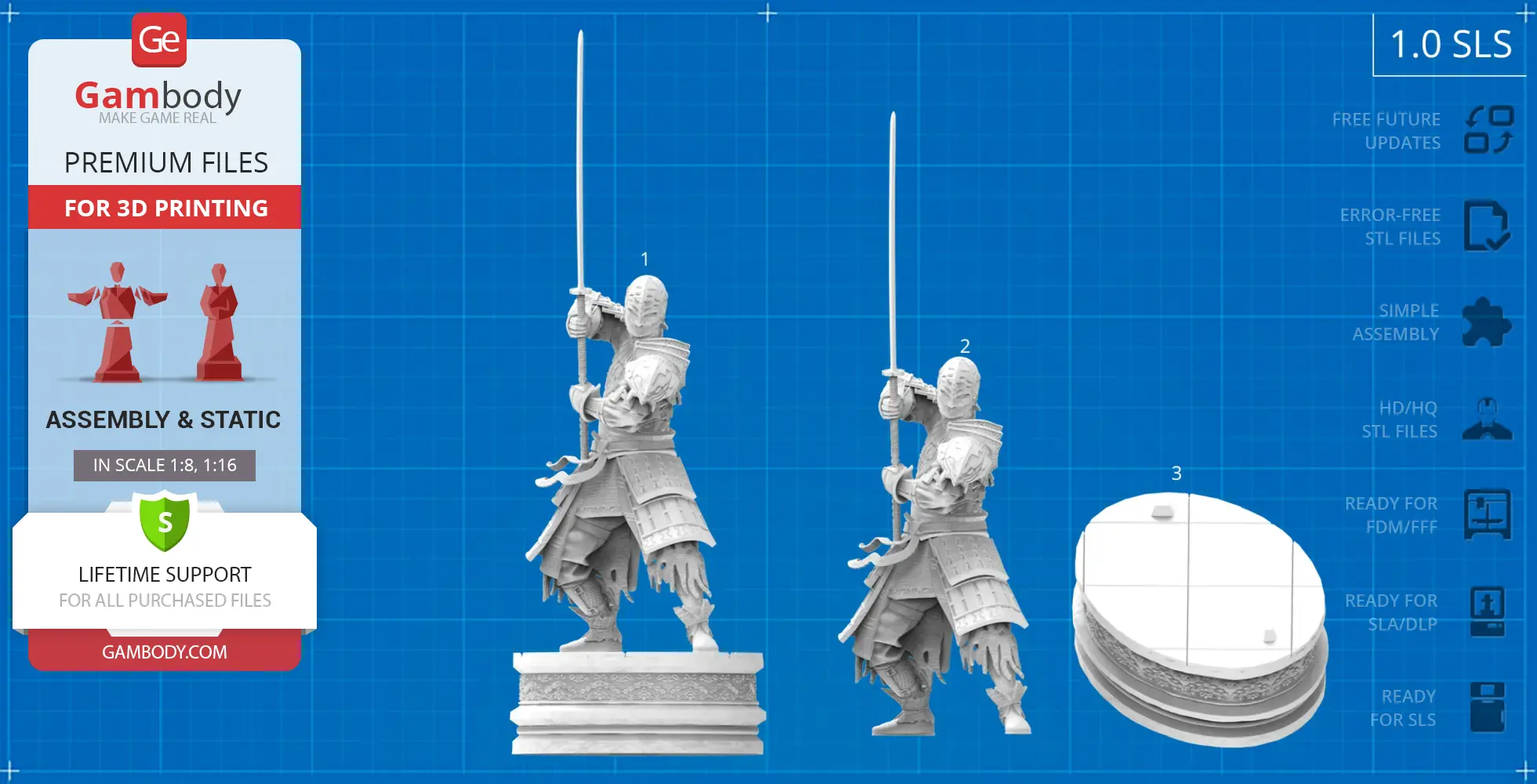 Knight in ornate armor with a raised sword, ready for 3D printing assembly with additional base parts.