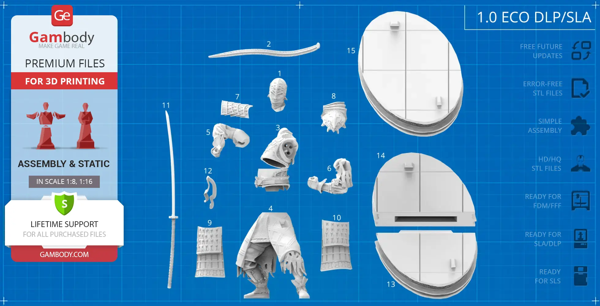3D model assembly parts for Sir Alonne on a blueprint background, showing detailed components.
