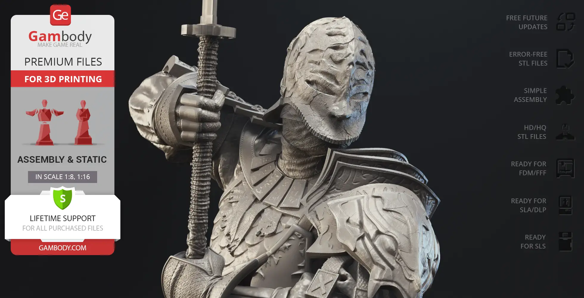 Armored warrior in intricate armor, holding a sword, ready for 3D printing.
