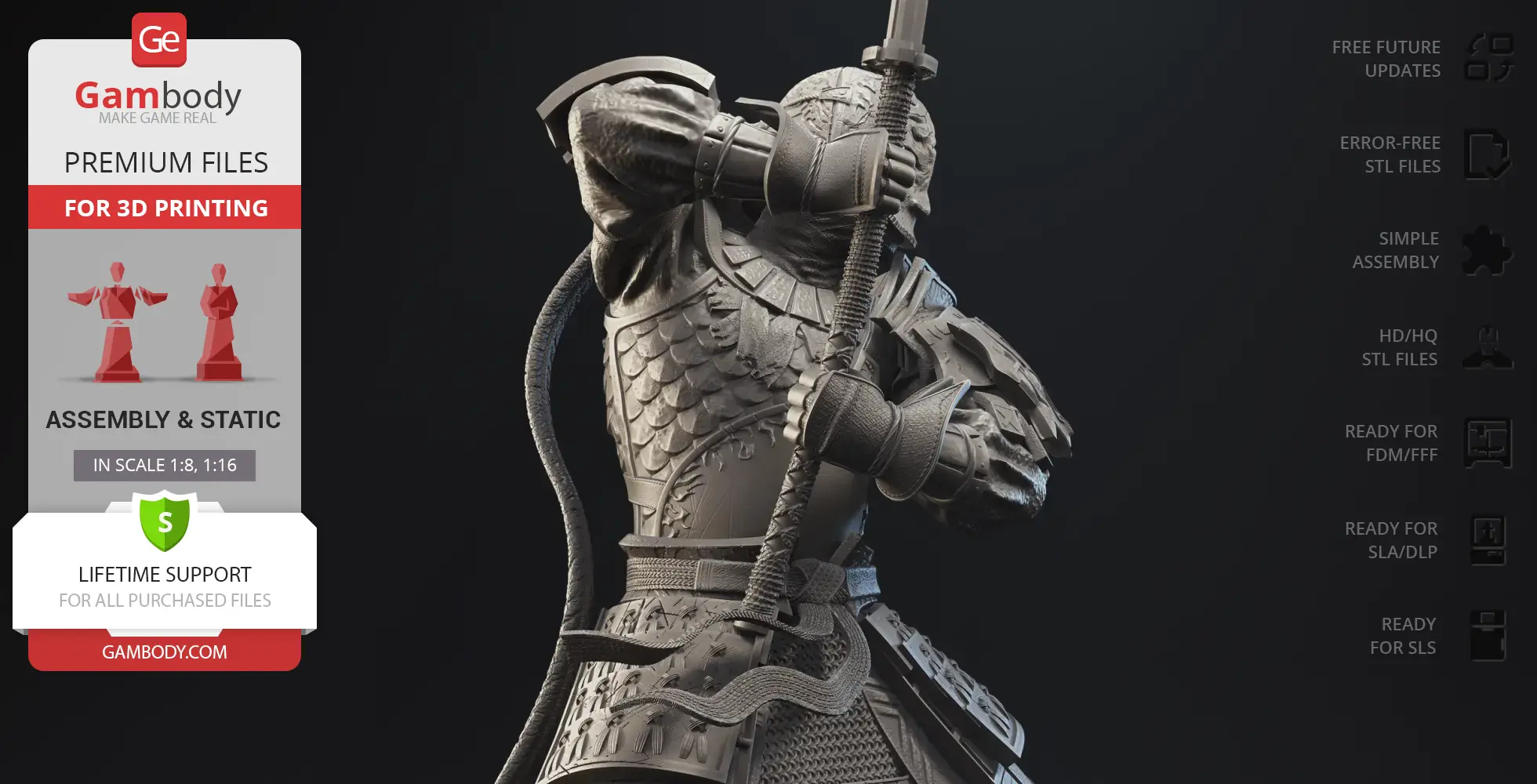 A detailed 3D model of a knight in ornate armor, holding a sword, ready for 3D printing.