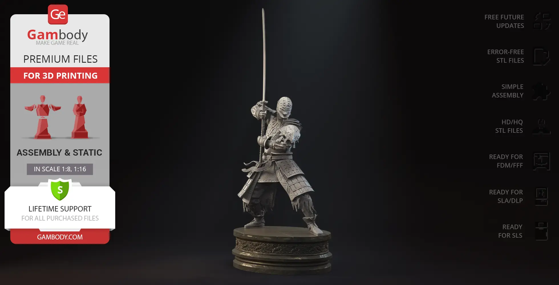 A detailed 3D model of a samurai in armor, holding a sword, ready for 3D printing from Gambody.
