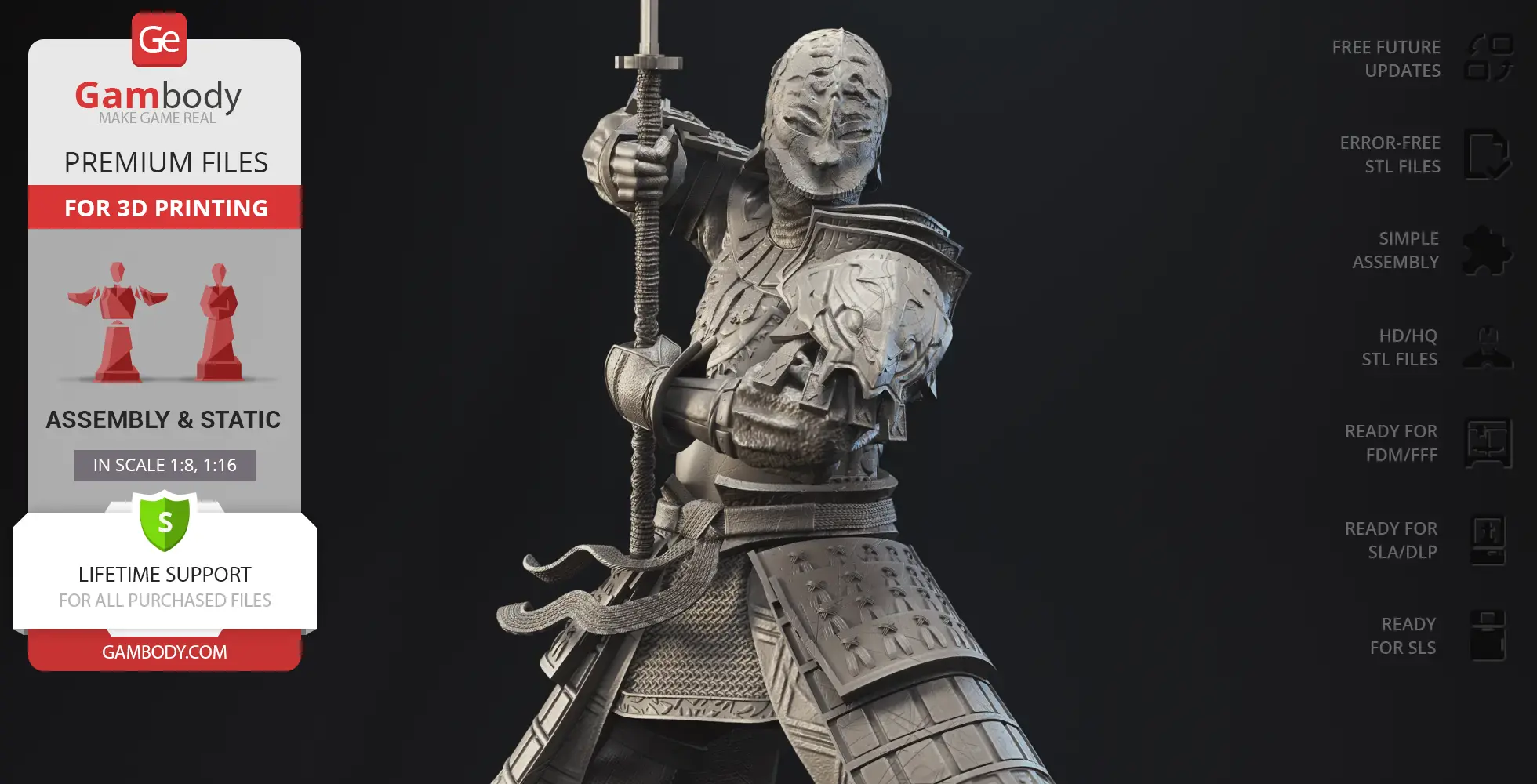 Armored warrior holding a sword, with intricate armor details and a dynamic pose, ready for 3D printing.
